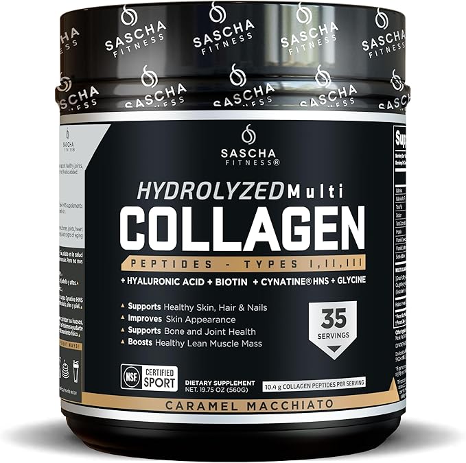 SASCHA FITNESS Hydrolyzed Multi Collagen Peptides Tipes 1,2 & 3 |Hyaluronic Acid|Biotin |Cynatine HSN|Vitamin C & E |for Hairs, Skin & Bone Support|Caramel Macchiato