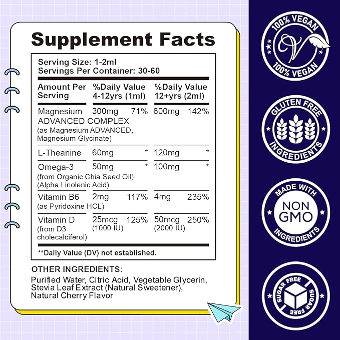 Kids Magnesium Liquid Drops-Magnesium Glycinate Liquid for Kids Supplement-w/L-theanine, Omega-3, Vitamin B6, D3 - for Sleep, Relaxation, Brain, Bones - Cherry Flavor, 4 Fl Oz