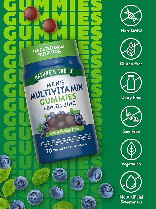 Nature's Truth Multivitamin for Men Gummies | 70 Count | Blueberry Flavor | with B12, D3 & Zinc | Vegetarian, Non-GMO and Gluten Free Supplement