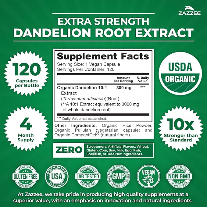 Zazzee USDA Organic Dandelion Root 10:1 Extract, 120 Capsules, 4 Month Supply, Liver & Detox Support, Taraxacum Officinale, Organic Herbal Supplement, All-Natural, Non-GMO, Made in the USA