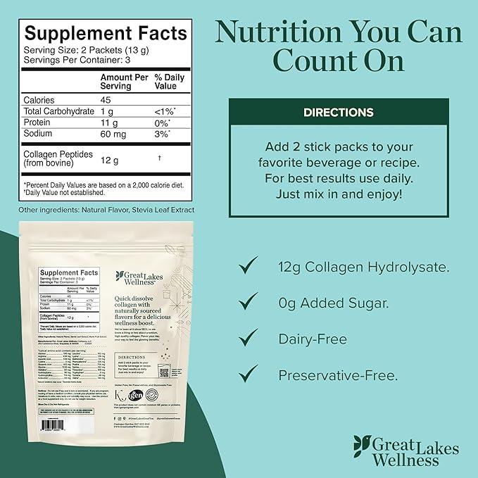 Great Lakes Wellness Collagen Peptides Powder for Skin, Hair, Nails, Joints & Digestion - Variety Flavors - Quick Dissolve Hydrolyzed, Non-GMO, Kosher - 12 Sticks