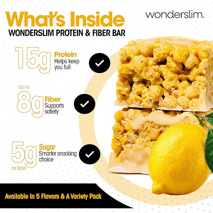 Wonderslim High Fiber Protein Bars, Fluffy Lemon Crisp | 15g Protein, 8g Fiber | Low Sugar, Low Carb | Healthy Indulgence | Satisfying, Supports Energy & On-the-Go Convenience, 7 Pack