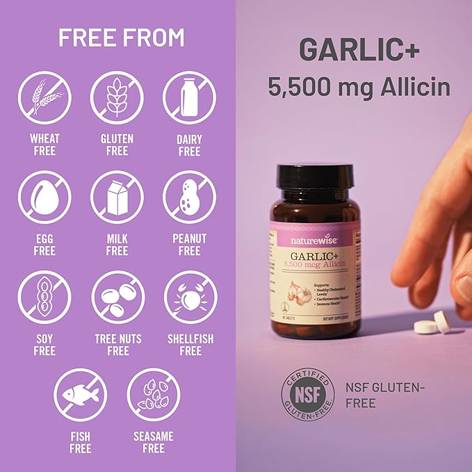 NatureWise Garlic Extract 5,500 mcg Allicin Supplement - Healthy Cholesterol & Blood Pressure Formula + Vitamins B & C - Vegan Tablets w/Enteric Coating, Non-GMO, Gluten-Free, 60 Count [30-Day Supply]
