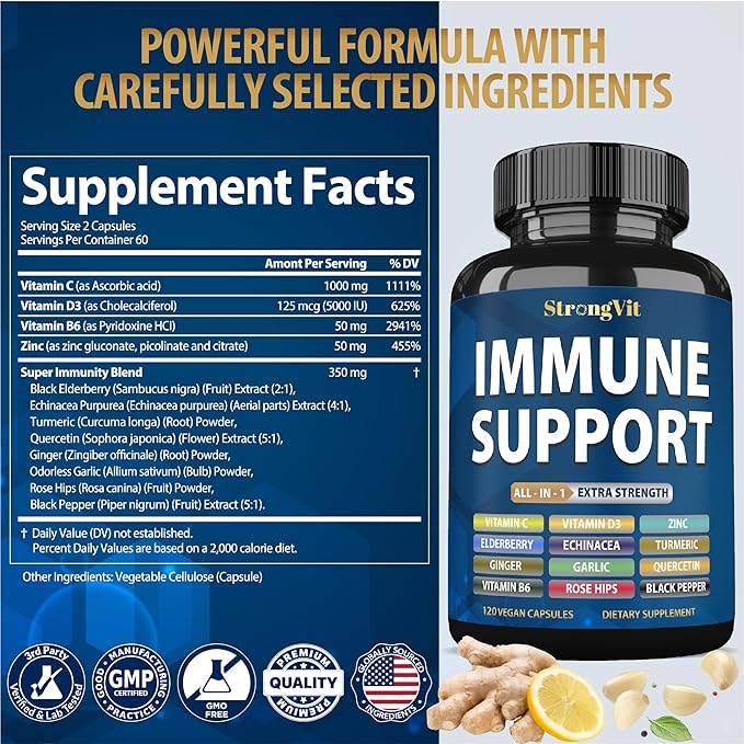 Immune Support Supplement 12 in 1 Complex with Vitamin C, D3, Zinc, Echinacea, Elderberry, Ginger, Turmeric. Immune Defend for Men & Women, Non-GMO, Gluten-Free, Vegan, USA (120 Capsules)