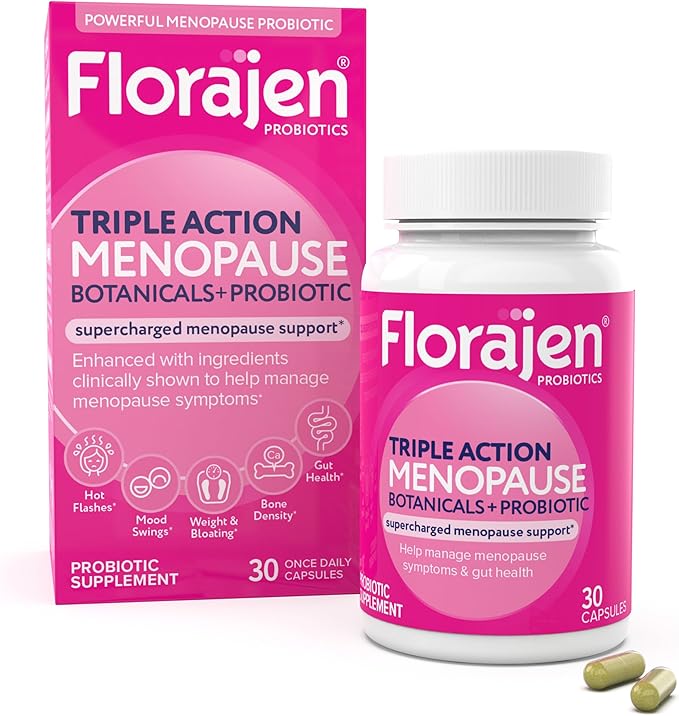 Florajen Triple-Action Menopause Probiotic - Hormonal Balance, Hot Flash, & Mood Swing Relief - Weight Management & Digestive Support - Featuring Berberine, Black Cohosh, & Botanical - 30 Capsules