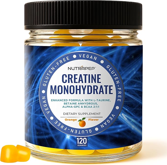 NutraPep Creatine Monohydrate Gummies 5g for Men Women - with L-Taurine Betaine Anhydrous Alpha-GPC BCAA 2:1:1 - Sugar-Free Gluten Free Chewable Creatine Supplement Bites