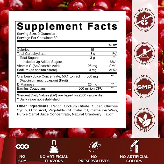 Vitamatic 2 Pack Cranberry Gummies with D-Mannose, Probiotics, Vitamin C – Plant-Based Botanical Extract – Vegan, Non-GMO – 60 Count