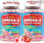 Nextdia Omega 3 (EPA/DHA) Filled Gummies for Kids with Multivitamin, Calcium + D3 + K2 + Zinc, Plus Vitamin A B1 B2 B12 C, Selenium, Iodine for Brain, Eye, Bone, Energy, No Fish Taste, 2 Pack