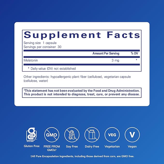Pure Encapsulations Melatonin 3 mg - Antioxidant Supplement to Support Natural Sleeping & Relief of Occasional Sleeplessness - for Natural Sleep Support* - 30 Capsules