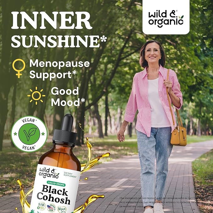 Wild & Organic Black Cohosh Supplements - Menopause Supplements for Women - 540 mg Black Cohosh Root Extract Tincture - Add to Tea Drops - 5-Month Supply - Vegan, Sugar & Alcohol-Free - 4 fl oz