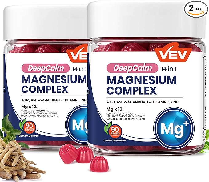 VEV Deep Calm Magnesium Complex 14-in-1 Gummies with Ashwagandha, L-Theanine, Vitamin D3 & Zinc for Women and Men, Vegan Magnesium Glycinate Gummies, 180 Gummies Total, Pack of 2