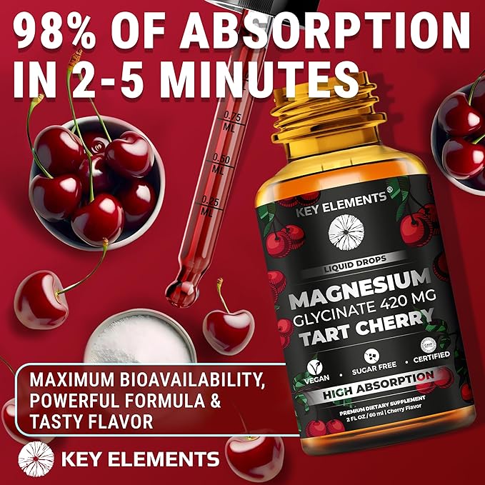 Liquid Magnesium Glycinate 420 Mg with Natural Tart Cherry Extract | Magnesium Glycinate Drops Supplement for Sleep, Mood & Mobility Support | Tart Cherry Extract