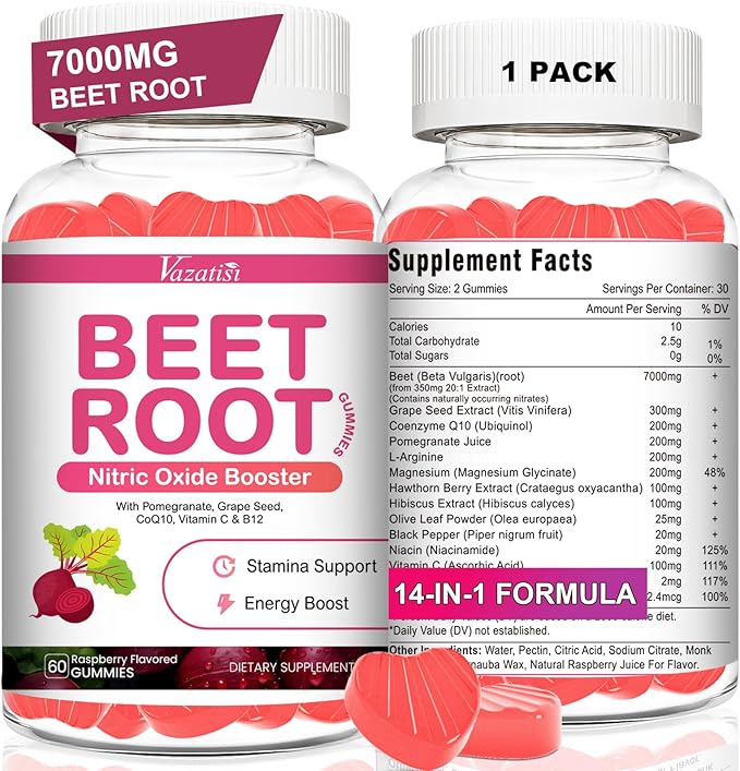 Beet Root Gummies – Nitric Oxide Beetroot Gummies with Coq 10, Grape Seed, Pomegranate for Circulation & Energy Support – Vegan, Non-GMO, 60 Beet Chews