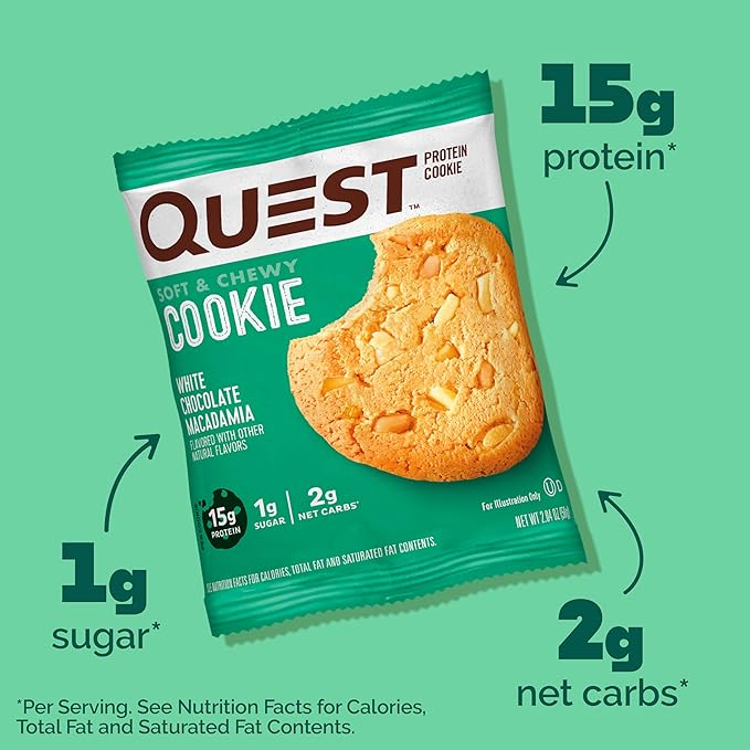 Quest Nutrition White Chocolate Macadamia Protein Cookie, 15g Protein, 1g Sugar, 2g Net Carbs, Keto Friendly, High Protein, Low Carb; 4 Count