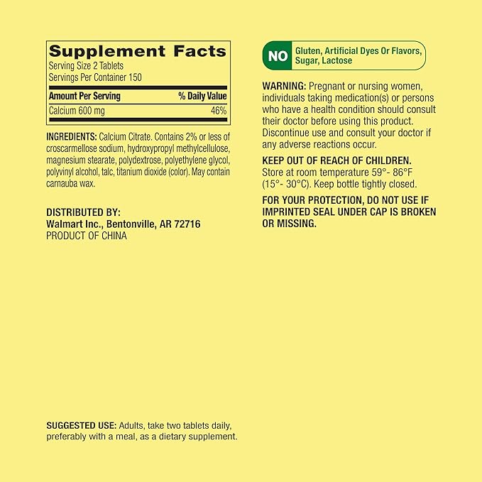 Calcium Citrate 600mg Tablets - Pure Calcium Citrate Supplement, 300 Count - Supports Bone Health and Wellness, Citrato de Calcio, High Absorption Calcium 600 mg