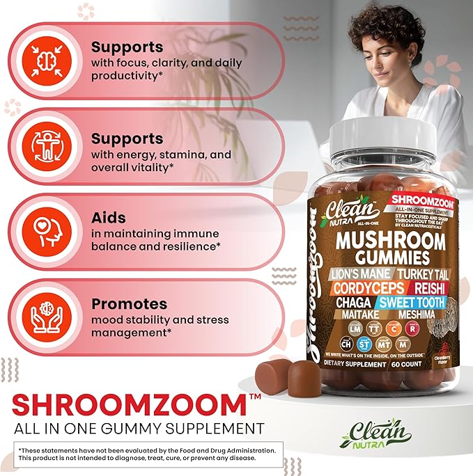 15in1 Mushroom Gummies with Lion's Mane Turkey Tail Cordyceps Reishi Chaga Sweet Toot Maitake Meshima Poria Cocos Shiitake Tremella, Oyster Agaricus Mushrooms for Men and Women Supplement Clean Nutra