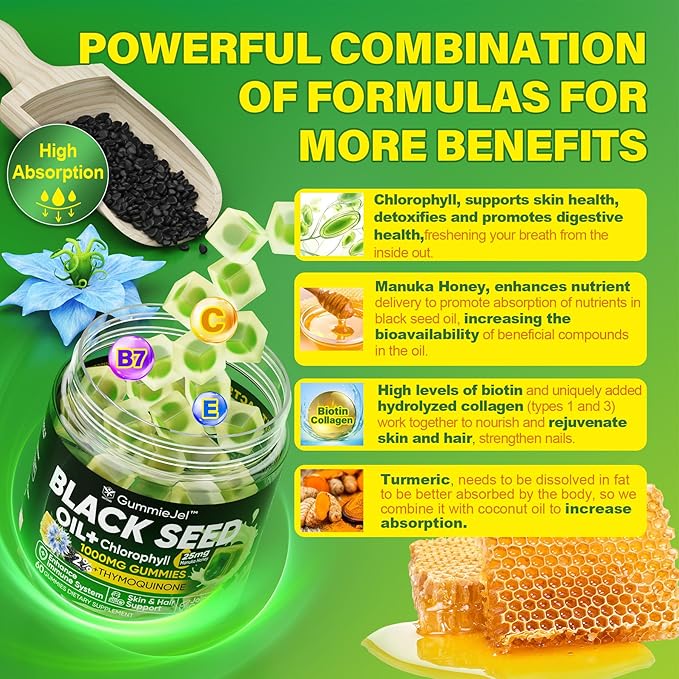 Black Seed Oil Gummies & Chlorophyll, Biotin 500mcg with Hydrolyzed Collagen, Raw Manuka Honey, Organic Cold Pressed - Ultimate Absorption for Skin, Hair & Nails, Digestive, Overall Health, 1 Pack