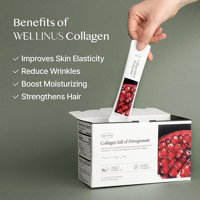 Korean Collagen Jelly Sticks - 25 Pomegranate Flavored Marine Collagen Peptide Snacks for Anti-Aging- Collagen Protein Sugar-Free, Travel Packs for Hair & Nail Strength