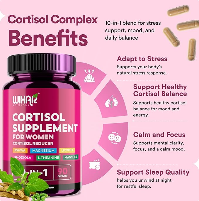 WIXAR Cortisol Supplements for Women with Ashwagandha, Magnesium, L-Theanine, Rhodiola Rosea - for High Cortisol Balanace Manager - for Sleep Support, Mood & Focus Supplement - 90 Capsules