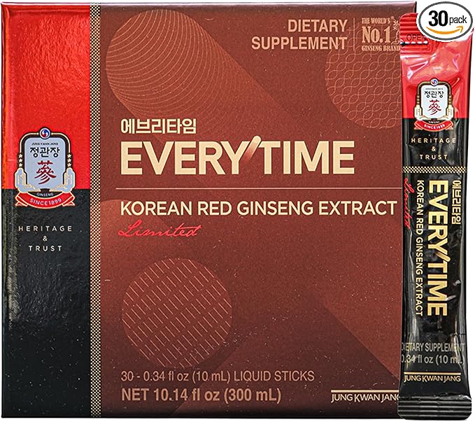 JungKwanJang Everytime Korean Red Ginseng Extract Limited Stick - Earth-Grade Red Panax Ginseng Root Energy Drink - Vegan & No Caffeine Liquid Supplements (10 Sticks, 0.34 fl oz)