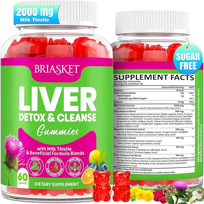 Liver Detox Cleanse & Repair, 2000 mg Milk Thistle Liver Detox, Liver Support Supplement with Glutathione, Dandelion Root, Turmeric & Artichoke, 23-in-1Herbal for Liver & Gut Health, Vegan, 60 Gummies