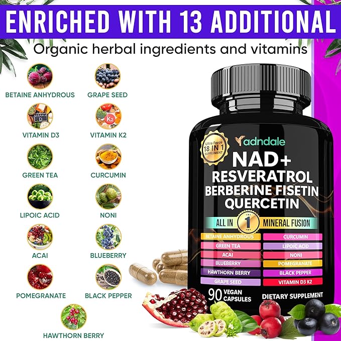 Adndale Liposomal NAD Supplement. Longevity Formula NMN Supplement Alternative. 180CT Advanced NAD+ Resveratrol