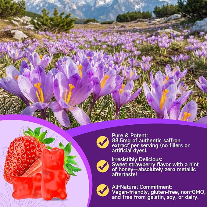 Saffron Supplements for Kids & Adults, 10 in 1 Saffron Gummies 88.5mg Saffron Extract with Ashwagandha, L-Theanine for Calm, Zzz, Antioxidant, Sugar-Free/Organic, Strawberry Flavor 60 Count