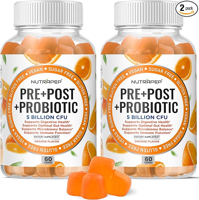 NutraPep Prebiotic Probiotic & Postbiotic Gummies for Women Men & Kids Children - High Potency 5 Billion CFU - Sugar-Free & Gluten 60 Count (Pack of 2)