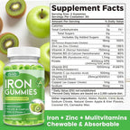 Iron Gummies with Multivitamin, Iron Supplement for Women & Men with Zinc, Vitamin B Complex & C, B12, Folate - Blood Builder & Energy Support for Adults & Kids - Green Apple & Kiwi Filled Gummies