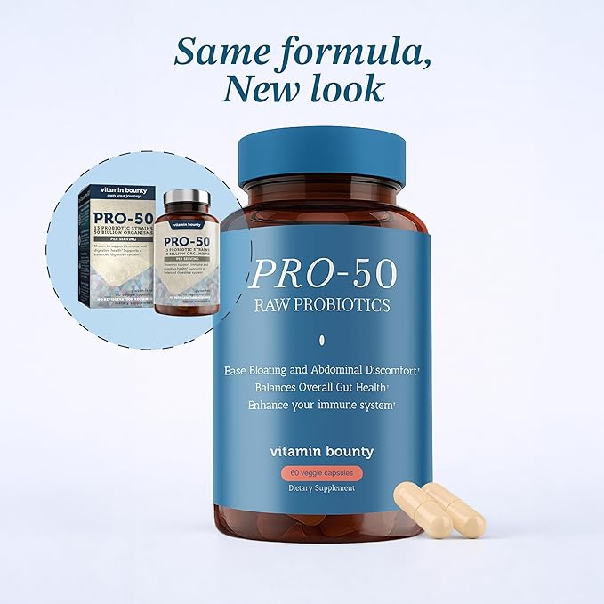 Vitamin Bounty Pro-50 Probiotics 50 Billion CFU for Women & Men - 13 Multi Strain Probiotic + Prebiotic - Digestive Health Supplements for Gut Health Support - Delayed Release Capsules for Men & Women