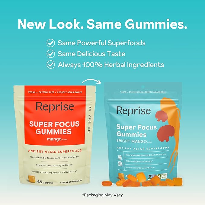 Focus Gummies for Adults | American & Korean Ginseng with Reishi Mushroom extracts | All Natural Gummies for Focus, Mood, and Energy | Mango Flavored | 45 Count