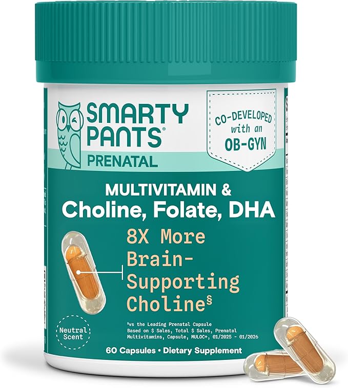 SmartyPants Women’s Prenatal Multivitamin Capsules, OB‑GYN Co‑Developed Prenatal Vitamins with Choline, Folate, Omega 3 DHA, & Iron for Baby’s Development, Gentle on Stomach, 60 Count (30 Day Supply)