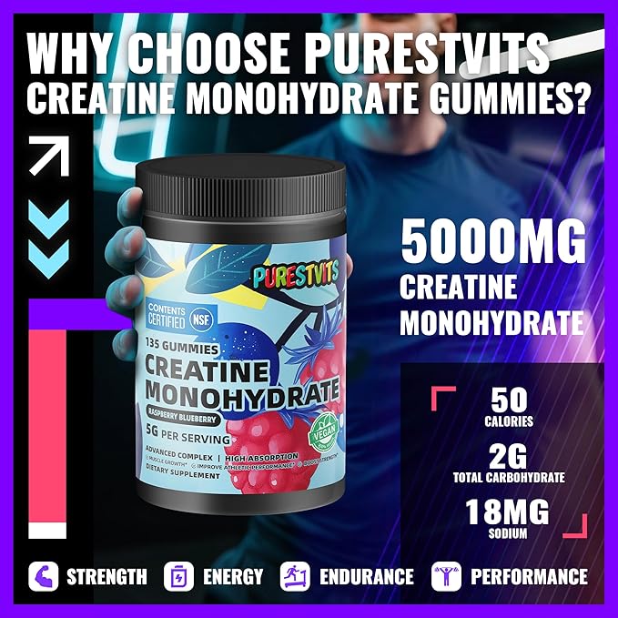NSF Certified Creatine Gummy 5g - Creatine Monohydrate Gummies – Pre-Workout Energy & Muscle Growth Support for Men & Women | Blueberry Raspberry Electrolyte Gummies (135 Count)