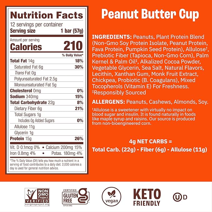Munk Pack Peanut Butter Cup Probiotic Keto Protein Bars | 15g Plant Protein, 1g Sugar, 4g Net Carbs | Non-GMO, Plant-Based, Low Sugar, Gluten-Free Snacks | 12 Count