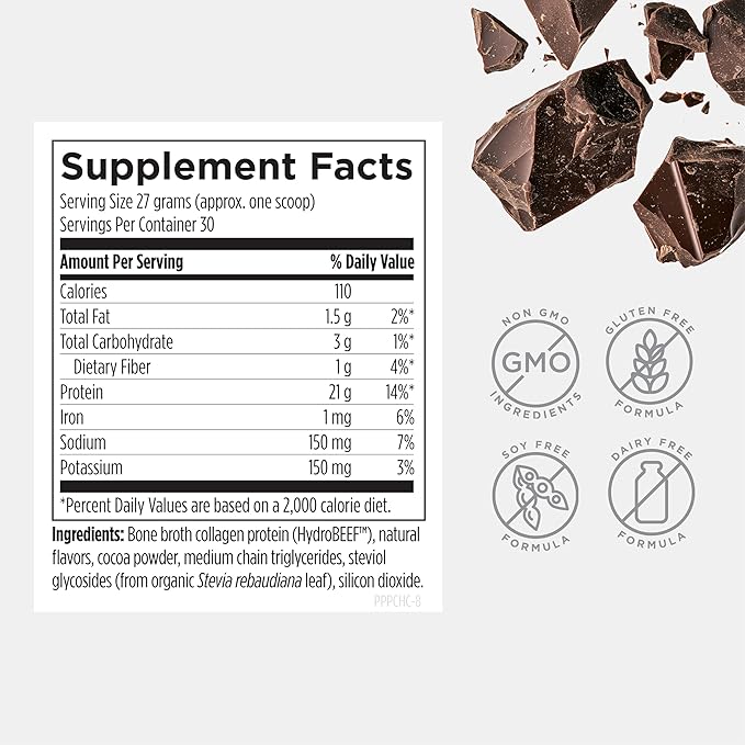 Designs for Health Bone Broth Protein Powder – 21g Grass-Fed, Collagen-Rich Beef Protein Isolate - Chocolate, Paleo, Non-GMO, Dairy-Free (30 Servings / 810g)