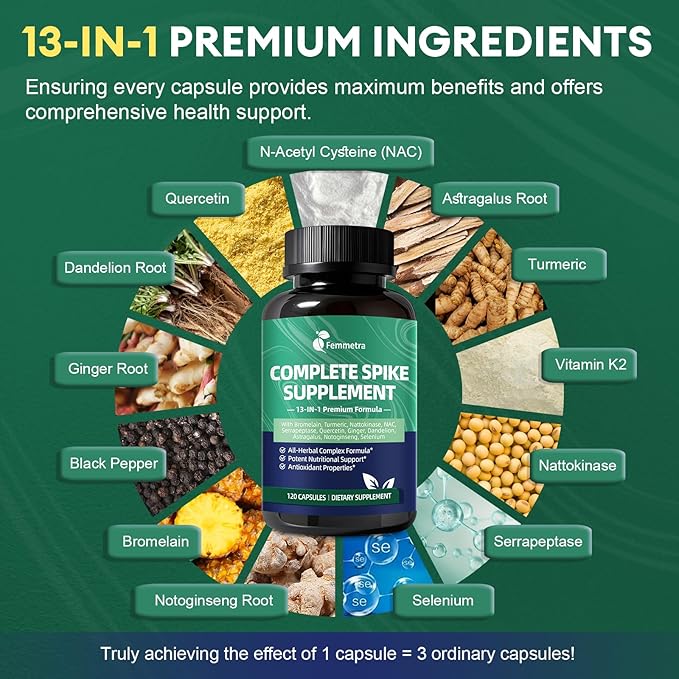 Spike Protein Support Capsules, 8000 FU Nattokinase Supplement with Bromelain and Curcumin, 13-IN-1 Full Spectrum Spike Support Supplement for Immune & Antioxidant Health, Vegan, Non-GMO, 120 Capsules
