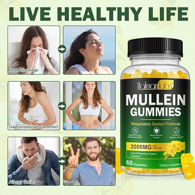 120 Count Mullein Gummies for Lungs, 2000mg Mullein Leaf Extract for Lung Cleanse and Respiratory Support, Natural Mullein Herbal Supplement, Pear Flavor Gummies