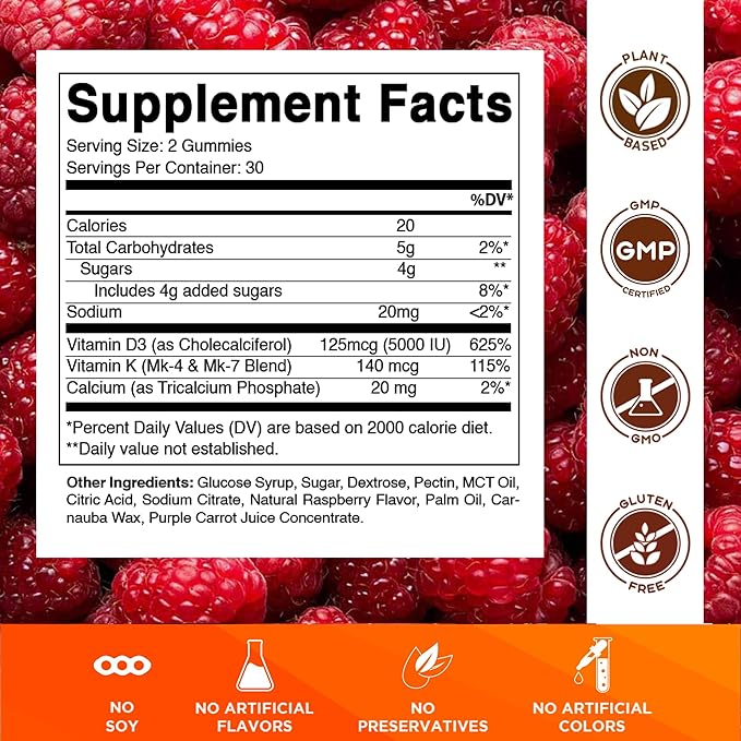 Vitamatic Vitamin D3 & K2 Gummies (2-Pack, 60 Count) Supports Healthy Bones, Heart Health, Calcium Absorption, and Immune Function Plant-Based, Non-GMO, Gluten-Free