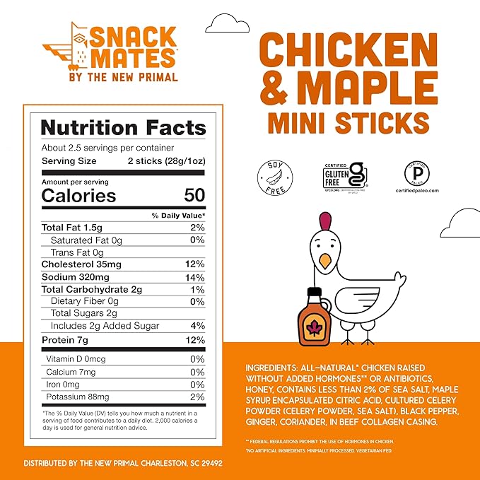 The New Primal Snack Mates Chicken & Maple Sticks, Gluten Free Healthy Snacks for Kids, Low Sugar High Protein Back to School Snacks, Mini Paleo Jerky Meat Stick, 7g Protein, 50 Calories, 40 Pack