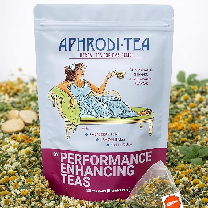 PMS Relief Herbal Tea | X-Large 5g Tea Bags | with Raspberry Leaf, Calendula and Lemon Balm | Chamomile, Ginger and Spearmint Flavor | 20 Pack Bag | Aphrodi-Tea by Performance Enhancing Teas