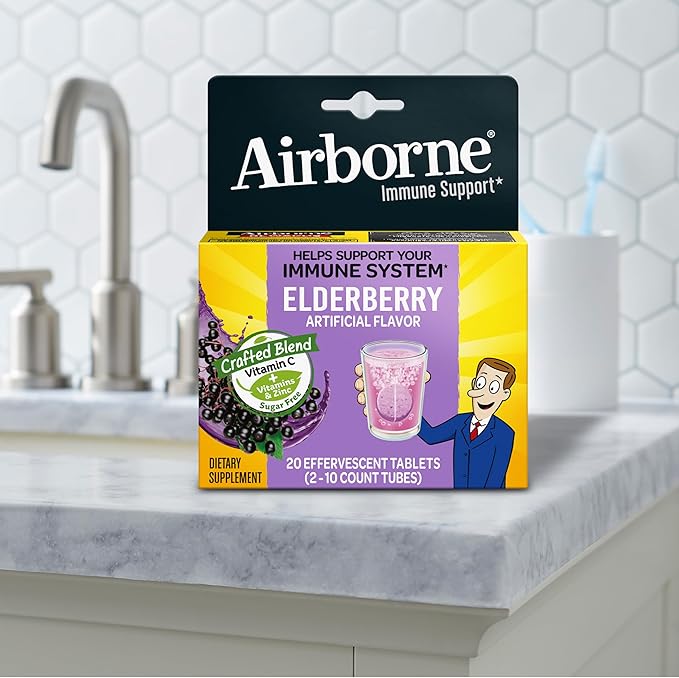 Airborne Elderberry Extract + Vitamin C 1000mg (per Serving) - Effervescent Tablets (20 Count in a Box), Gluten-Free Immune Support Supplement, with Vitamins A C E, Zinc, Selenium, Sugar Free