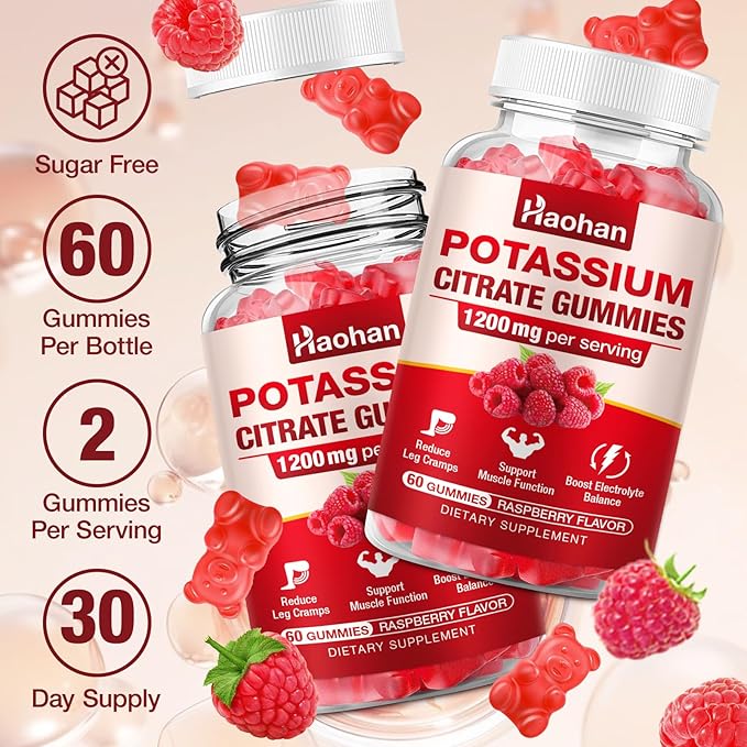 Potassium Citrate Gummies 1200mg - Chewable Supplement to Support Muscle Health & Relieve Leg Cramps for Men & Women. Vegan, Gluten-Free, Sugar-Free, Raspberry Flavor, 60 Count