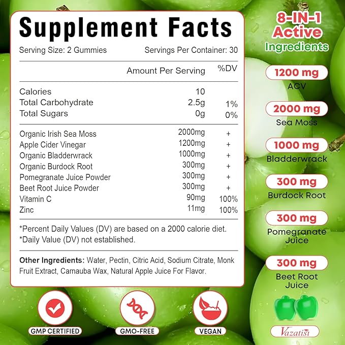 Apple Cider Vinegar Gummies with Sea Moss for Metabolism, Digestion, Detox, Gut & Immune Health, Apple Flavored - 60 Count