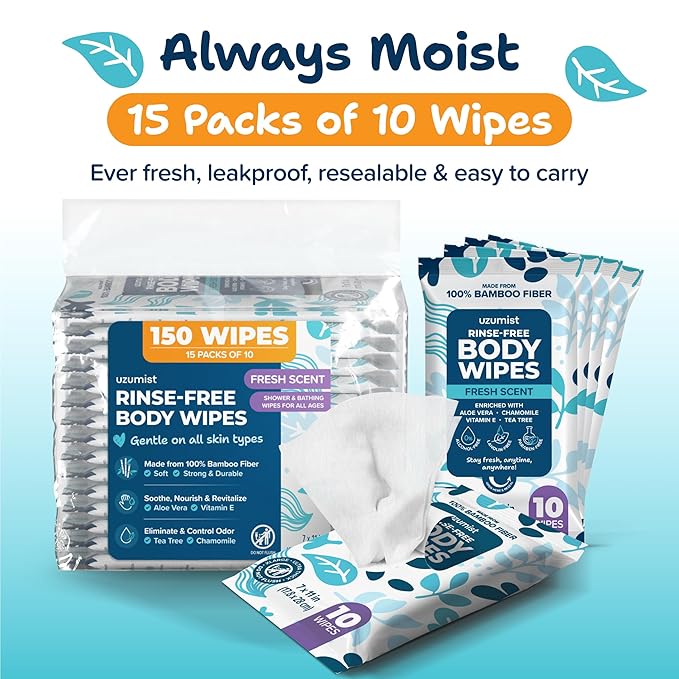 Body Wipes for Adults Bathing No Rinse 150pc XL - Ultra Thick Shower Travel Wipes for Personal Cleansing & Hygiene Essentials, Elderly Care, Incontinence Disposable Washcloths for Women Men
