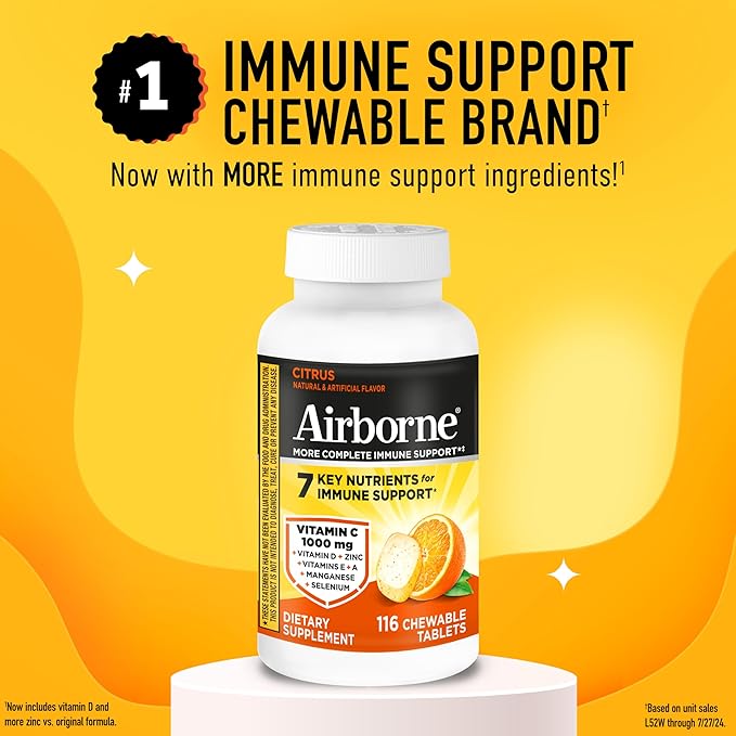 Airborne Vitamin C 1000mg (per Serving) - Citrus Chewable Tablets (116 Count in a Bottle), Gluten-Free Immune Support Supplement, with Vitamins A C E, Zinc, Selenium, Echinacea, Ginger, Antioxidants