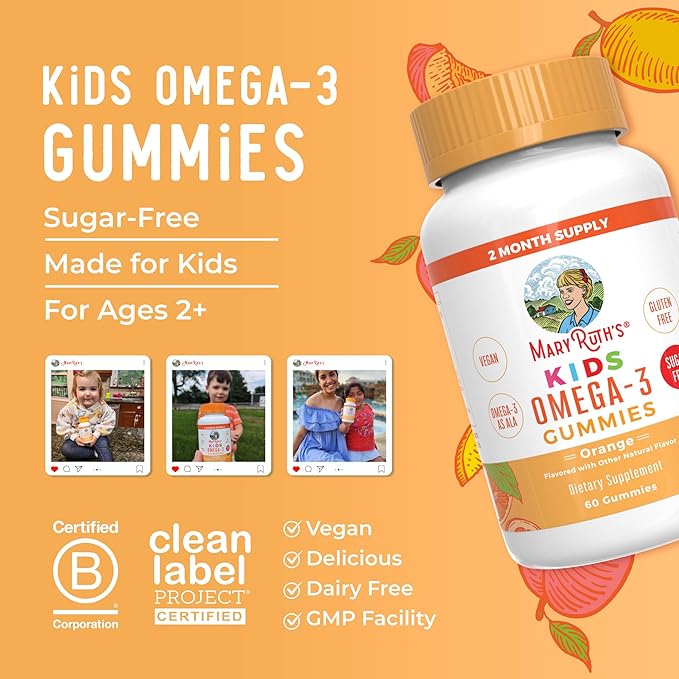 MARYRUTH'S Vegan Omega 3 Gummies for Kids 2+, 2 Month Supply, Sugar Free, Omega 3 Supplement with Vitamin C, Flaxseed Oil, Immune Support, Essential Nutrient ALA, No Fish Taste, 60 Count