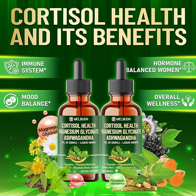 11in1 Cortisol Liquid Supplement with Ashwagandha, Magnesium Glycinate Chelate, L-Theanine, Phosphatidylserine, St.John's WortL-Theanine and More - Immune & Mood Balance - 1 FL Oz - 30 Day