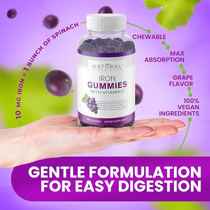 Iron Gummies with Vitamin C - Iron Deficiency Anemia Supplement for Adults & Kids, Chewable, Red Blood Cell Support, Energy, Immune Function, Brain Health, Max Absorption, 120 Vegan Gummies