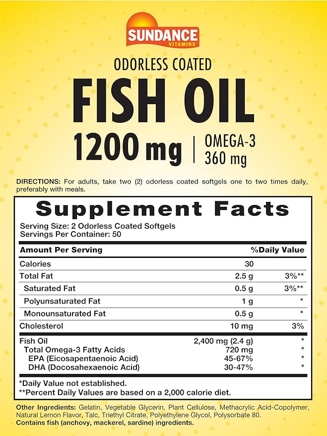 Sundance Odorless Fish Oil 1200mg | 100 Coated Softgels | Controls Fish Burps | Lemon Flavor | Non-GMO and Gluten Free Supplement