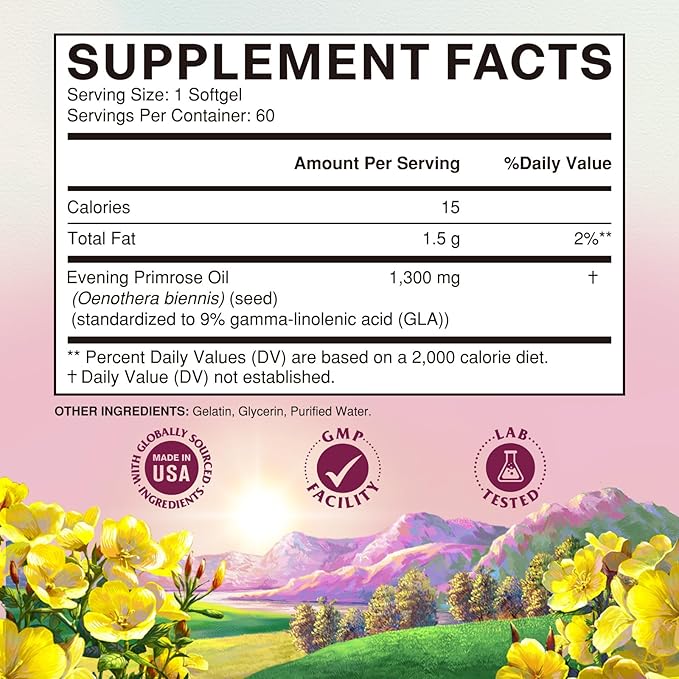 Vitalitown Evening Primrose Oil 1300mg, Cold-Pressed Seed Oil, Standardized 9% GLA (Gamma-Linolenic Acid), Healthy Skin & Hormonal Balance for Women, Non GMO, 60 Softgels